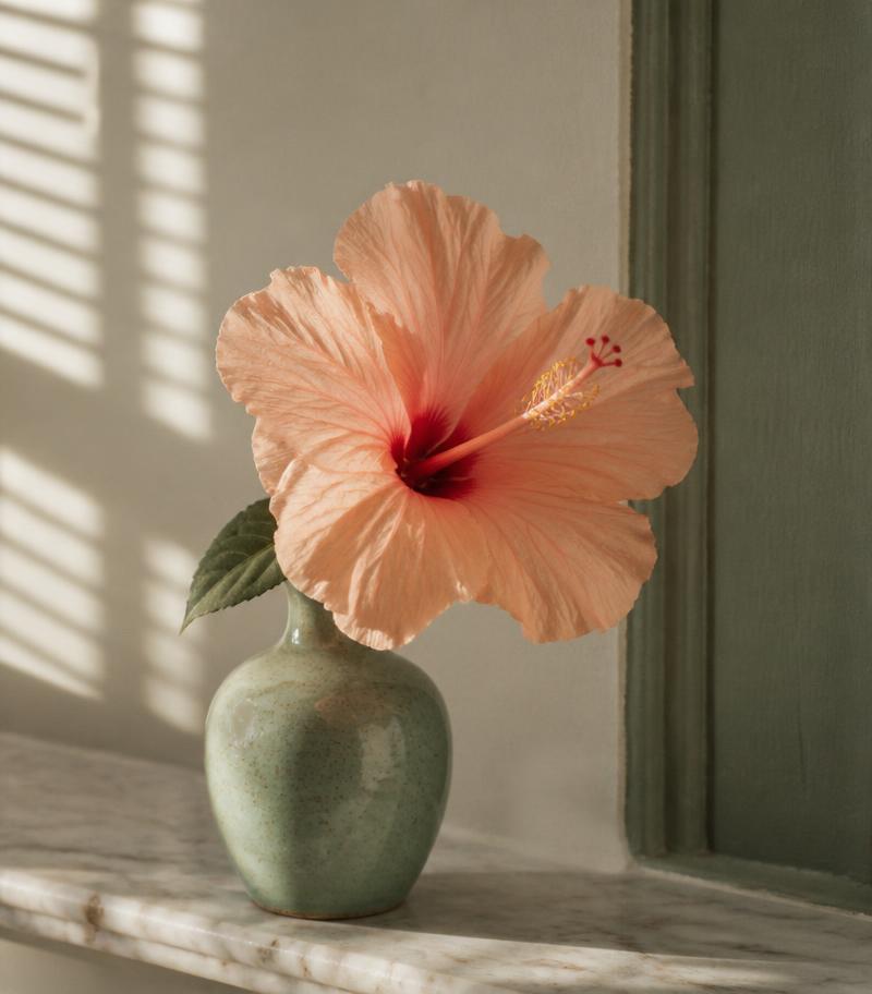 Koraljni hibiskus u zelenoj keramičkoj vazi na mramornoj polici